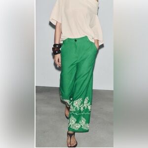 Zara Green Wide-Leg Pants with White Paisley embroidered